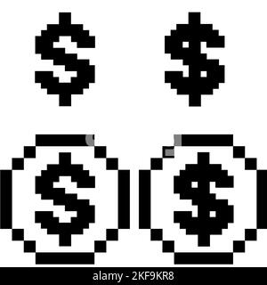 Pixel Art Münze Dollar Symbol auf weißem Hintergrund. Pixel-Dollar-Symbol. Flacher Stil. Stockfoto