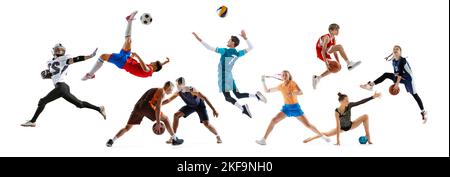 Collage. Verschiedene Menschen, Sportler in Aktion, spielen, trainieren isoliert auf weißem Hintergrund. Basketball, Fußball, Tennis, rhythmische Turnerin Stockfoto