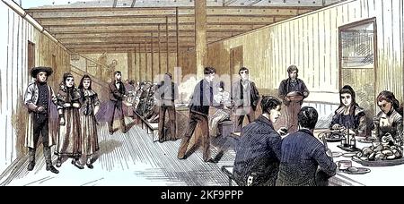 Szene auf einem englischen Auswandererschiff, hier der Speisesaal / Scene on an English Emigrant ship, here the Dining room, Historisch, historical, digital improved Reproduktion eines Originals aus dem 19.. Jahrhundert, genau Originaldatum nicht bekannt Stockfoto