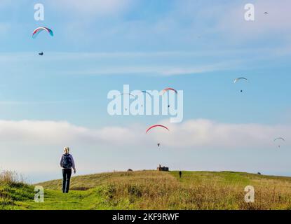 Walker on Beachy Head, Eastbourne, East Sussex, mit Gleitschirmfliegern oben Stockfoto