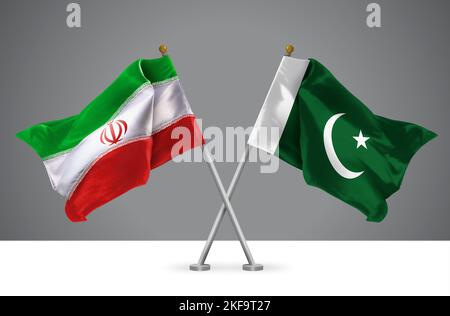 3D Illustration von zwei wellenartig gekreuzten Flaggen des Iran und Pakistans, Zeichen iranischer und pakistanischer Beziehungen Stockfoto