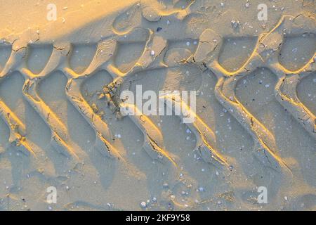 Reifenspuren im Sand aus nächster Nähe über das Sonnenlicht. Nahaufnahme der Straße. Autoreifen in der Wüste. Verkehrsinfrastruktur. Stockfoto