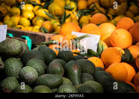 Auswahl an Früchten zum Verkauf auf dem Markt Stockfoto
