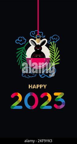 Frohes neues Jahr 2023, Postkartenbanner mit schwarzem Kaninchen, chinesisches Neujahrssymbol Stock Vektor
