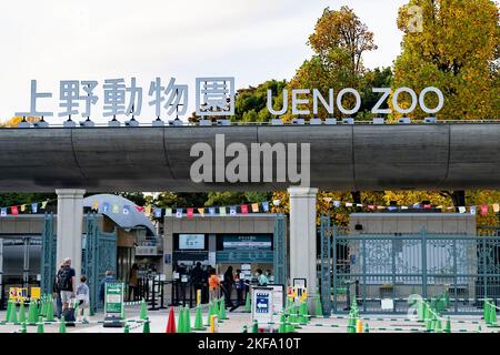 Tokio, Japan. 4.. November 2022. Der Eingang zum Ueno Zoo (æ © è³œä¸Šé‡Žå‹•ç‰ © åœ') am Abend im Ueno Park (ä¸Šé‡Žå…¬åœ') in Tokio. Der Ueno-Park ist ein beliebtes Ausflugsziel für Einheimische und Touristen und einer der größten Parks in der Metropole Tokio. Der Ueno Park Zoo, der älteste Zoo Japans, beherbergt zwei riesige Pandas aus dem chinesischen Wolong-Naturschutzgebiet mit den Namen LÄ«lä« (åŠ›åŠ› ãƒªãƒ¼ãƒªãƒ¼) und Shinshin (çœŸçœŸ Ã‚·ãƒ³ã‚·ãƒ³). Panda-Diplomatie. (Bild: © Taidgh Barron/ZUMA Press Wire) Stockfoto