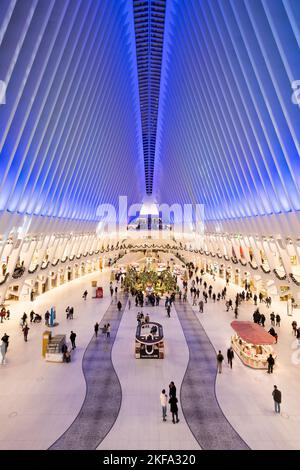 New York City Oculus im Westfield World Trade Center mit Weihnachtsdekorationen im Winter. Finanzdistrikt, Lower Manhattan Stockfoto