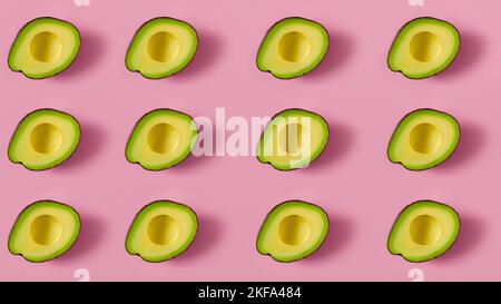 Avocadofrüchte. Auf pinkfarbenem Hintergrund. Avocado in Scheiben. Avocado-Muster. Viele Objekte. Stockfoto