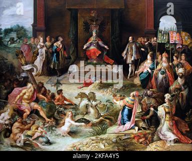 Allegorie über die Abdankung von Kaiser Karl V. in Brüssel durch Frans Francken II. (1581-1642) alias Frans Francken d. J. Flämischer Maler Stockfoto