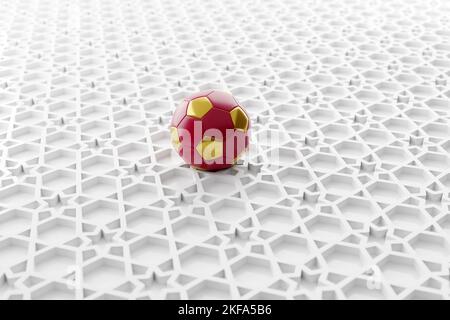 Fußball auf abstraktem weißem Arabisch traditionelles nahöstliches Muster 3D Abbildung Render Stockfoto