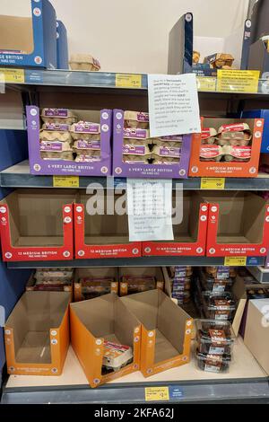 Aldi, Edgbaston, Birmingham, 17. November 2022. - Ein Schild in Aldi, Edgbaston, warnt Kunden, wenn keine Eier in den Regalen sind, dann gibt es keine weiteren Vorräte auf der Rückseite wegen begrenzter Lieferungen, nachdem die Geflügel- und Eierindustrie stark von der Vogelgrippe betroffen war. Foto: STOP Press Media/Alamy Live News Stockfoto