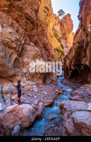 Trekking in einer Flussschlucht in der M'Goun-Region des marokkanischen Atlasgebirges Stockfoto