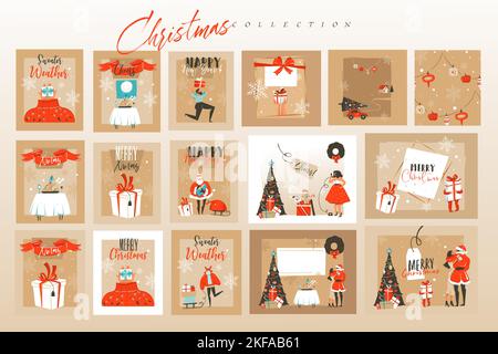 Hand gezeichnet Vektor abstrakt Spaß Stock flach Frohe Weihnachten und Happy New Year Time Cartoon festliche Karten Bundle mit niedlichen Illustrationen von Weihnachten und Stock Vektor