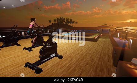 Fitness Indoor Bikes auf Luxus Super Yacht. Extrem detailreiches und realistisches hochauflösendes 3D Render Stockfoto