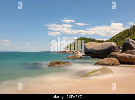 Ein Tag mit klarem blauen Himmel am Tainha Beach, einem kristallinen Wasserparadies in Bombinhas, Santa Catarina, Brasilien Stockfoto