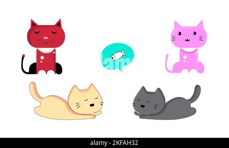 Vektor-Illustration Charakter Katze schlafen. Cute Kitty Katze Vektor Illustration Set mit verschiedenen Katzenrassen, Spielzeug und Futter. Zeichnen Sie den Doodle-Stil. Stock Vektor