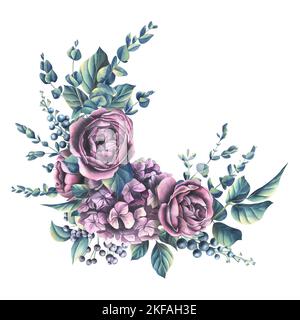 Rosen mit Blättern, rosa Hortensienblüten, dekorativen Beeren und Eukalyptuszweigen. Aquarelldarstellung. Komposition, Kranz aus der Sammlung Stockfoto