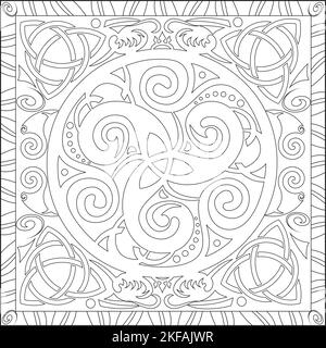 Malvorlagen Illustration im Square Format für Erwachsene, Trsikelion Celtic Knot Mandala Design Stock Vektor