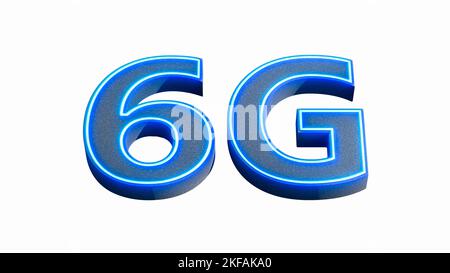 6G Logo-Design, ein Symbol für 6G Netzwerk-Konnektivität der Zukunft. Neonblau leuchtet. 3D Rendern Stockfoto