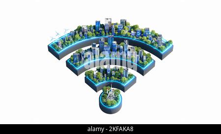 Smart City Tech Logo, WiFi-Haus. Smart City und Internet of Things (IOT). 3D Rendern Stockfoto