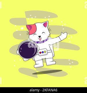 Süßer Astronaut Cat Holding Helm Cartoon Vector Icon Illustration. Animal Science Icon Konzept Isolierter Premium Vector. Flacher Cartoon-Style Stock Vektor
