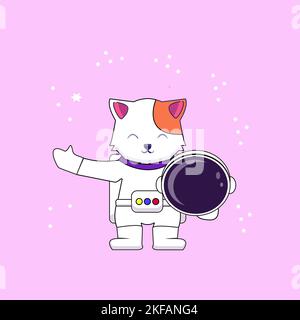 Süßer Astronaut Cat Holding Helm Cartoon Vector Icon Illustration. Animal Science Icon Konzept Isolierter Premium Vector. Flacher Cartoon-Style Stock Vektor