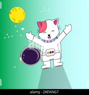 Süßer Astronaut Cat Holding Helm Cartoon Vector Icon Illustration. Animal Science Icon Konzept Isolierter Premium Vector. Flacher Cartoon-Style Stock Vektor