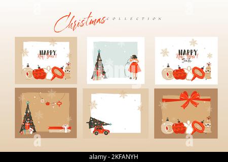 Hand gezeichnet Vektor abstrakt Spaß Stock flach Frohe Weihnachten und Happy New Year Time Cartoon festliche Karten Bundle mit niedlichen Illustrationen von Weihnachten und Stock Vektor