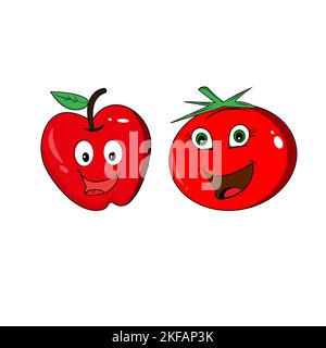 Fröhliches, süßes, lächelndes Fruchtgesicht. Vector Flat Kawaii Zeichentrickfigur Symbolsammlung. Süßes Orangen-, Apfel-, Tomaten-Figuren-Emoji-Set Stock Vektor