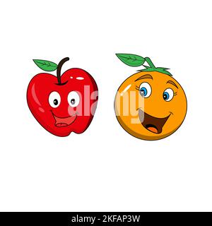Fröhliches, süßes, lächelndes Fruchtgesicht. Vector Flat Kawaii Zeichentrickfigur Symbolsammlung. Süßes Orangen-, Apfel-, Tomaten-Figuren-Emoji-Set Stock Vektor