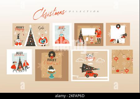 Hand gezeichnet Vektor abstrakt Spaß Stock flach Frohe Weihnachten und Happy New Year Time Cartoon festliche Karten Bundle mit niedlichen Illustrationen von Weihnachten und Stock Vektor