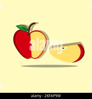 Ganze Früchte mit rotem Apfel und halbe Scheiben isoliert auf weißem Hintergrund. Reifer süßer Apfel als Symbol für das Verpackungsdesign. Vektorfrucht-Illustration in flacher Form. Stock Vektor