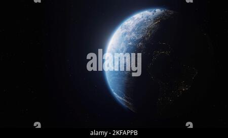 Sphäre des teilweise beleuchteten Erdplaneten im Weltraum. Lichter der Stadt auf dem Planeten. Das Leben der Menschen. Sonnensystem-Element mit Sonne im Hintergrund, Daten der NASA Stockfoto