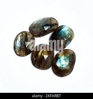 Labradorit Edelsteine Cabochon Schliff, Pfauenblau und Herbstgold Farben. Runde, Birne, quadratische, ovale, rechteckige und freie Form Formen. Weißer Hintergrund. Stockfoto