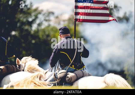 Ein Soldat von hinten sitzt auf dem weißen Pferd und hält die amerikanische Flagge während der Stockfoto