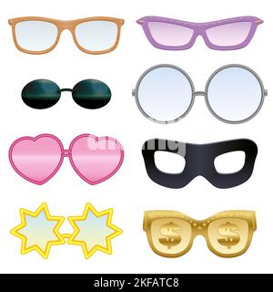 Brillenset - Holzstil, Herzen, Sterne, Dollarzeichen, schwarze Augenmaske, pince-nez, roséfarben usw. - lustig und verrückt, Sammlung. Stockfoto