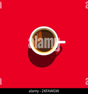 Abbildung des flachen Kaffees. Minimal Design Poster. Tasse Kaffee auf hellem Hintergrund. Draufsicht. Stock Vektor