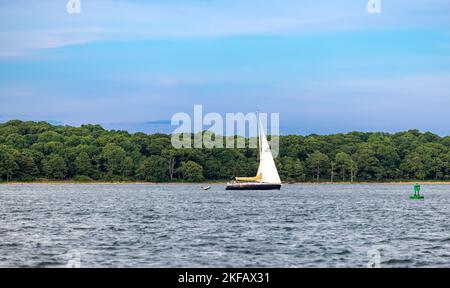 Ein Segelboot, das vor dem Ufer von Shelter Island, ny, segelt Stockfoto