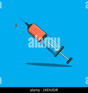 Spritzensymbol in flacher Ausführung, isoliert auf blauem Hintergrund. Nadelsymbol, medizinisches Symbol isoliert, Medizinimpfstoff, Injektionsspritze, medizinische Spritze Stock Vektor