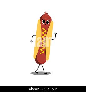 Hot Dog. Niedliche Fast-Food-Vektor-Charakter. Hot Dog. Niedliche Fast-Food-Vektor-Charakter. American Hot Dog. Happy Fast Food Konzept. Lustige Emoticon. Stock Vektor