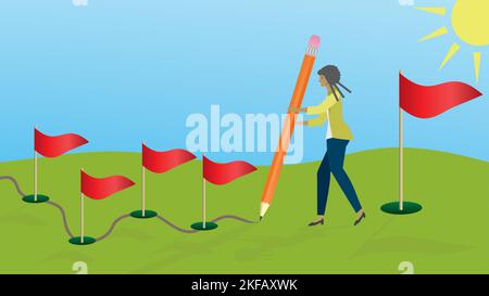 Frau, die ihren Weg zum großen Ziel plant. Abmessung 16:9. Vektordarstellung. Stock Vektor