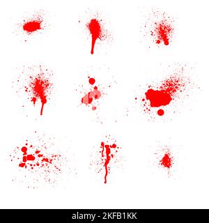 Realistisches Blut auf weißem Hintergrund isoliert. Bluttropfen und Spritzer aus einer Sammlung von 9 Stücken Stockfoto