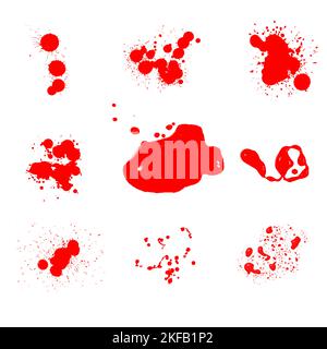 Realistisches Blut auf weißem Hintergrund isoliert. Bluttropfen und Spritzer aus einer Sammlung von 9 Stücken Stockfoto
