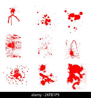 Realistisches Blut auf weißem Hintergrund isoliert. Bluttropfen und Spritzer aus einer Sammlung von 9 Stücken Stockfoto