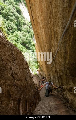 Eine westeuropäische Touristin klettert steile Stufen hoch, die in den Steinboden eines schmalen Passes auf dem Huashan Mountain / Mount Hua / Mt Hua in der Nähe von Huayin, Weinan, China, VR China gehauen und geschnitzt wurden. (125) Stockfoto