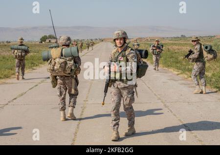 2. LT. Omar Bakuradze, ein Zugkommandant, der Bravo Company, 12. Leichtes Infanterie-Bataillon, 1. Infanterie-Brigade zugeordnet, überwacht seine Soldatenbewegung während des ersten Ereignisses seiner Verteidigungsposition und des Bohrtrainings, das während des Noble Partner im Vaziani-Trainingsgebiet in Georgien abgehalten wird. Noble Partner wurde entwickelt, um regionale Partnerschaften zu verbessern und die Bereitschaft und Interoperabilität der US-Streitkräfte in einem realistischen, multinationalen Schulungsumfeld zu erhöhen. Die Übung ermöglicht es den Teilnehmern, situationsbezogene Trainingsübungen und kombinierte mechanisierte Manöver durchzuführen. Stockfoto