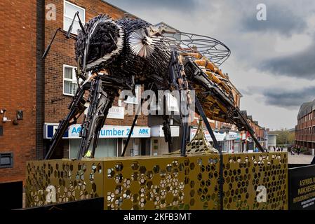 Eine riesige Biene, die aus Messern und Gewehren hergestellt wurde, die beschlagnahmt oder der Polizei im Raum Manchester übergeben wurden. Ausgestellt im Stadtzentrum von Redditch. Stockfoto