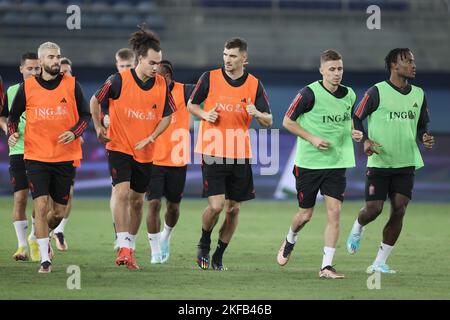 Kuwait-Stadt, Kuwait, Donnerstag, 17. November 2022. Die belgischen Spieler, die während einer Trainingseinheit der belgischen Fußballnationalmannschaft „Red Devils“ im Al Yarmouk Club in Kuwait-Stadt, Kuwait, am Donnerstag, den 17. November 2022, abgebildet wurden. Die Red Devils sind in Kuwait, um sich auf die bevorstehende FIFA-Weltmeisterschaft 2022 in Katar vorzubereiten. BELGA FOTO BRUNO FAHY Stockfoto