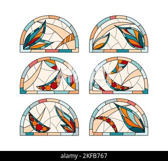 Kirchenfenster mit Flecken. Set aus sechs verschiedenen halbrunden Gläsern, die in einem Stil zeichnen. Stock Vektor