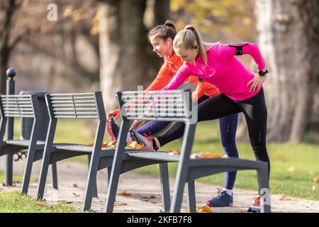 Zwei Athletinnen wärmen sich im Herbstpark auf und nutzen eine Bank, um sich vor dem Laufen aufzuwärmen. Stockfoto