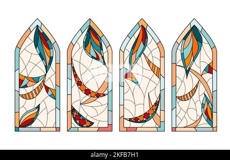 Kirchenfenster aus Buntglas. Satz von 4 verschiedenen Bildern Zeichnung in einem Stil. Stock Vektor
